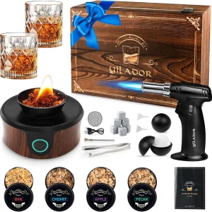 Electric Whiskey Smoker Kit with Torch, Premium Wooden Box, 4 Wood Chips, Ice Mo